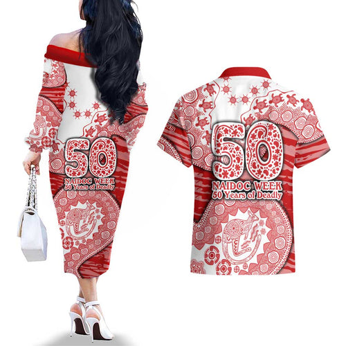 Gold Coast Suns NAIDOC Week 2026 Couples Matching Off The Shoulder Long Sleeve Dress and Hawaiian Shirt Australian Aboriginal Dot Art Dreamtime Pattern Style