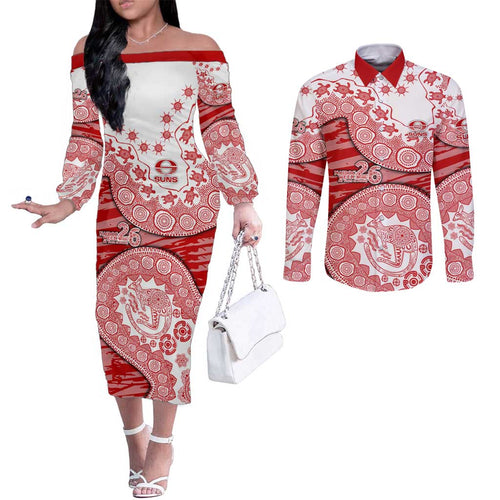 Gold Coast Suns NAIDOC Week 2026 Couples Matching Off The Shoulder Long Sleeve Dress and Long Sleeve Button Shirt Australian Aboriginal Dot Art Dreamtime Pattern Style
