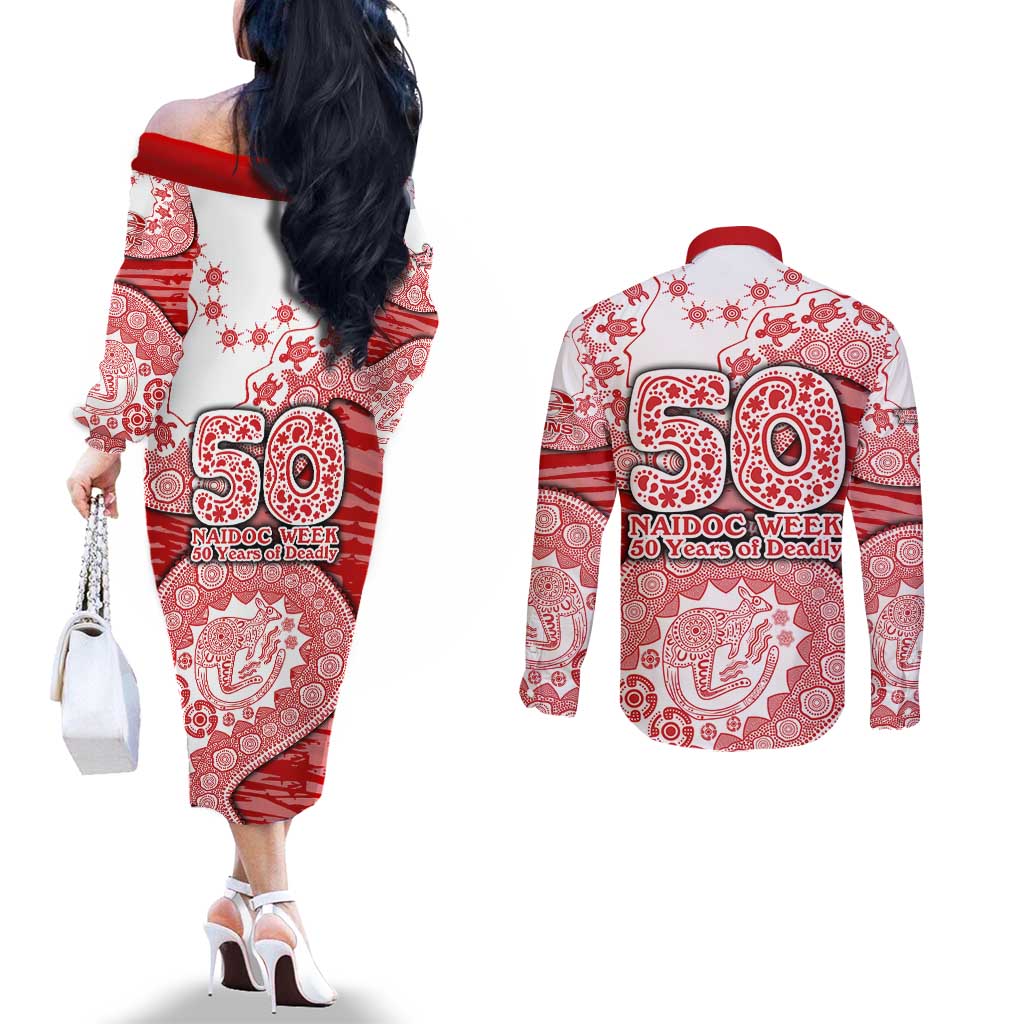 Gold Coast Suns NAIDOC Week 2026 Couples Matching Off The Shoulder Long Sleeve Dress and Long Sleeve Button Shirt Australian Aboriginal Dot Art Dreamtime Pattern Style
