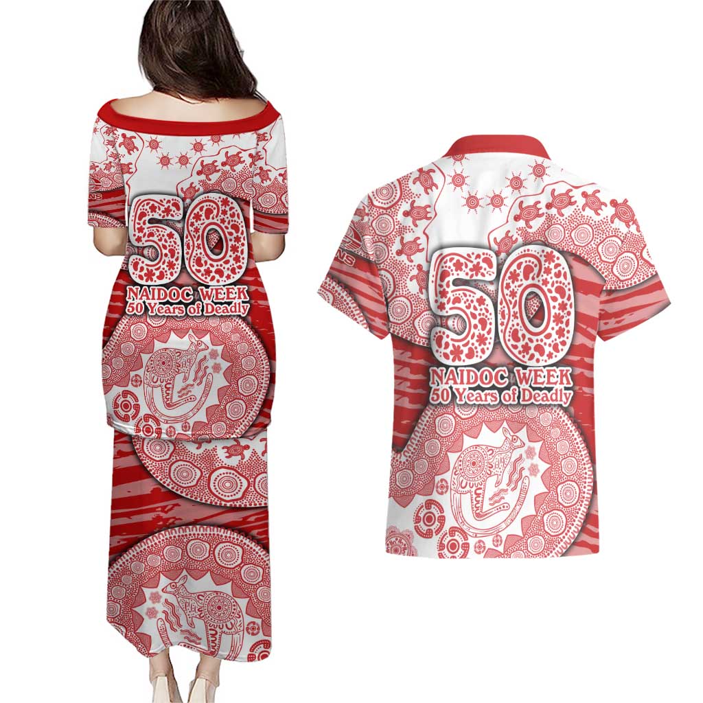 Gold Coast Suns NAIDOC Week 2026 Couples Matching Puletasi and Hawaiian Shirt Australian Aboriginal Dot Art Dreamtime Pattern Style