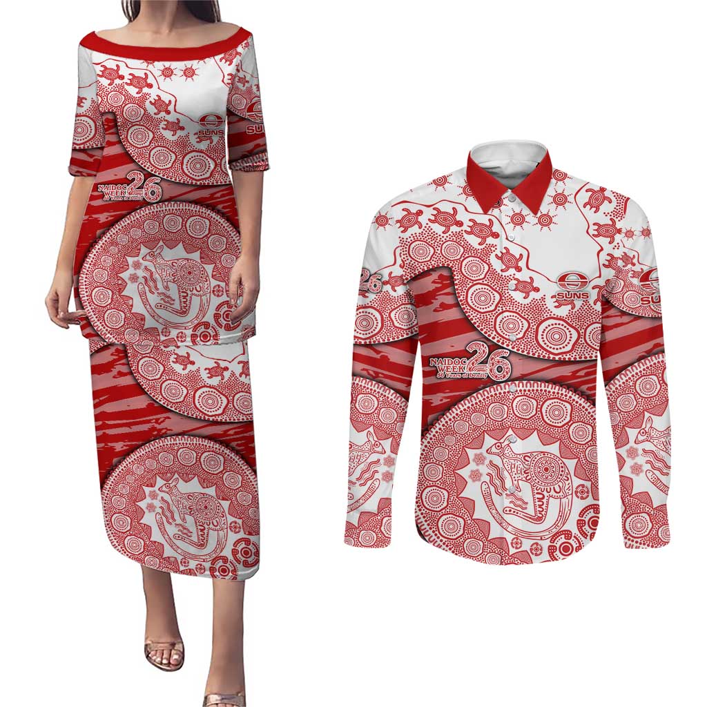 Gold Coast Suns NAIDOC Week 2026 Couples Matching Puletasi and Long Sleeve Button Shirt Australian Aboriginal Dot Art Dreamtime Pattern Style