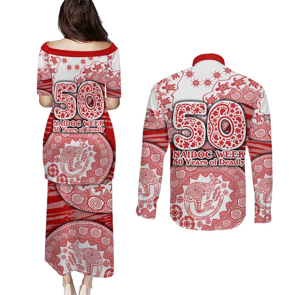 Gold Coast Suns NAIDOC Week 2026 Couples Matching Puletasi and Long Sleeve Button Shirt Australian Aboriginal Dot Art Dreamtime Pattern Style