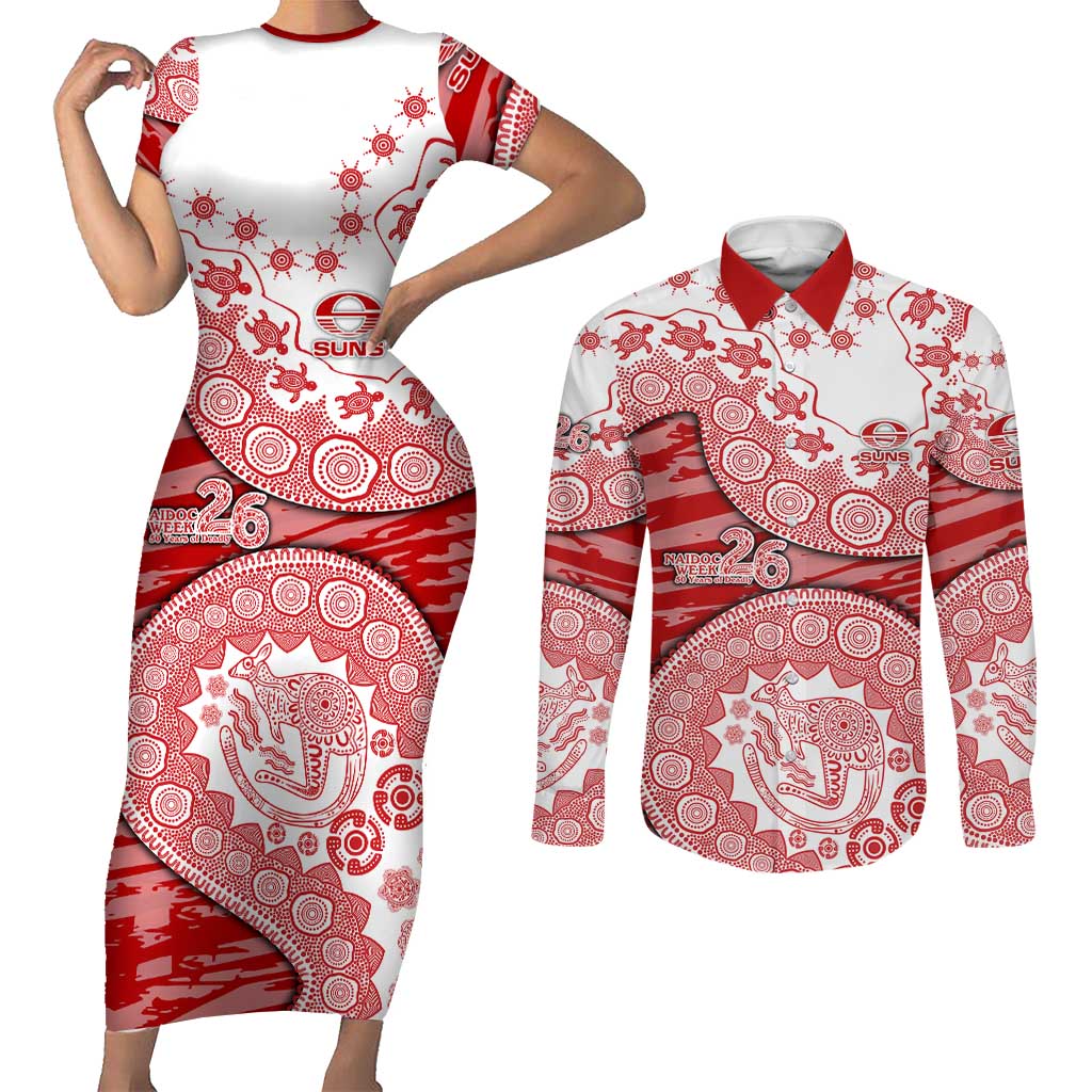 Gold Coast Suns NAIDOC Week 2026 Couples Matching Short Sleeve Bodycon Dress and Long Sleeve Button Shirt Australian Aboriginal Dot Art Dreamtime Pattern Style