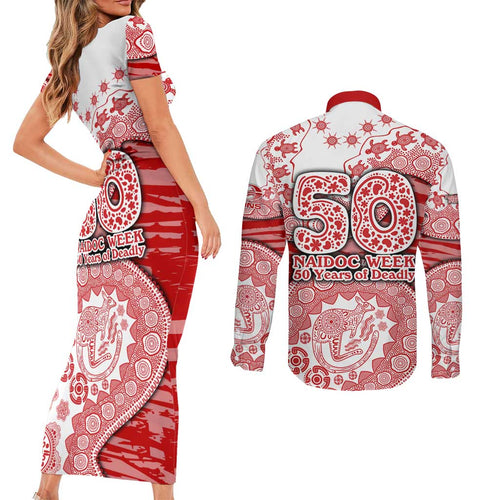 Gold Coast Suns NAIDOC Week 2026 Couples Matching Short Sleeve Bodycon Dress and Long Sleeve Button Shirt Australian Aboriginal Dot Art Dreamtime Pattern Style