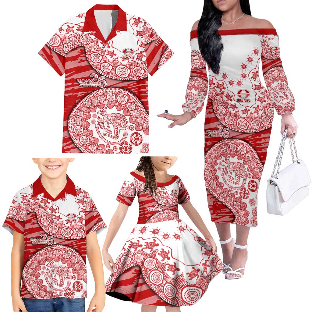 Gold Coast Suns NAIDOC Week 2026 Family Matching Off The Shoulder Long Sleeve Dress and Hawaiian Shirt Australian Aboriginal Dot Art Dreamtime Pattern Style