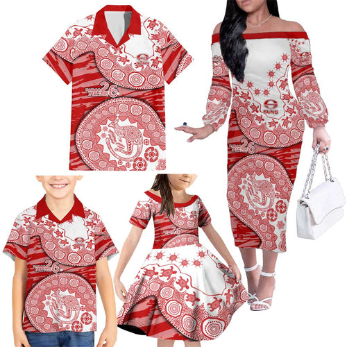 Gold Coast Suns NAIDOC Week 2026 Family Matching Off The Shoulder Long Sleeve Dress and Hawaiian Shirt Australian Aboriginal Dot Art Dreamtime Pattern Style