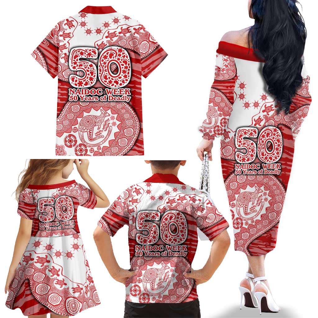 Gold Coast Suns NAIDOC Week 2026 Family Matching Off The Shoulder Long Sleeve Dress and Hawaiian Shirt Australian Aboriginal Dot Art Dreamtime Pattern Style