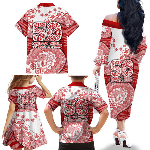 Gold Coast Suns NAIDOC Week 2026 Family Matching Off The Shoulder Long Sleeve Dress and Hawaiian Shirt Australian Aboriginal Dot Art Dreamtime Pattern Style