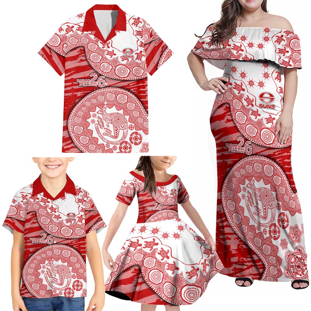 Gold Coast Suns NAIDOC Week 2026 Family Matching Off Shoulder Maxi Dress and Hawaiian Shirt Australian Aboriginal Dot Art Dreamtime Pattern Style