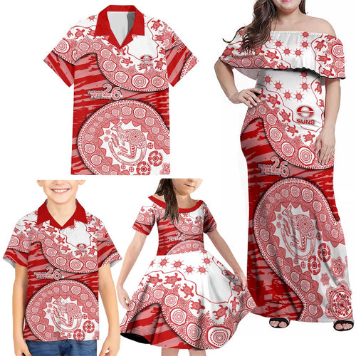 Gold Coast Suns NAIDOC Week 2026 Family Matching Off Shoulder Maxi Dress and Hawaiian Shirt Australian Aboriginal Dot Art Dreamtime Pattern Style