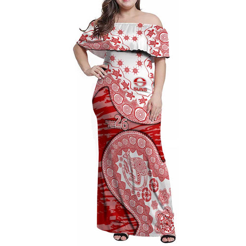 Gold Coast Suns NAIDOC Week 2026 Family Matching Off Shoulder Maxi Dress and Hawaiian Shirt Australian Aboriginal Dot Art Dreamtime Pattern Style