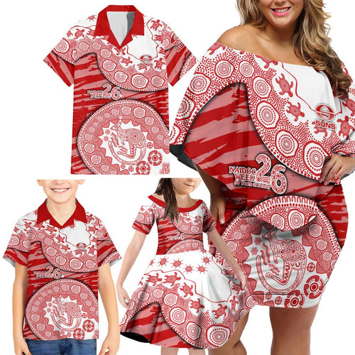Gold Coast Suns NAIDOC Week 2026 Family Matching Off Shoulder Short Dress and Hawaiian Shirt Australian Aboriginal Dot Art Dreamtime Pattern Style