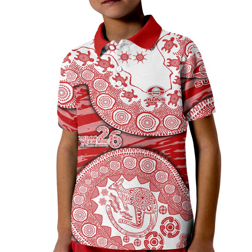 Gold Coast Suns NAIDOC Week 2026 Kid Polo Shirt Australian Aboriginal Dot Art Dreamtime Pattern Style