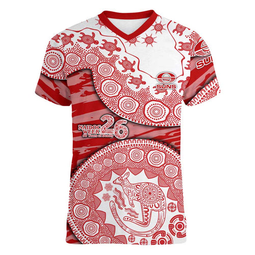 Gold Coast Suns NAIDOC Week 2026 Women V-Neck T-Shirt Australian Aboriginal Dot Art Dreamtime Pattern Style