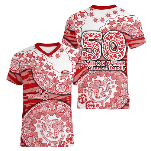 Gold Coast Suns NAIDOC Week 2026 Women V-Neck T-Shirt Australian Aboriginal Dot Art Dreamtime Pattern Style