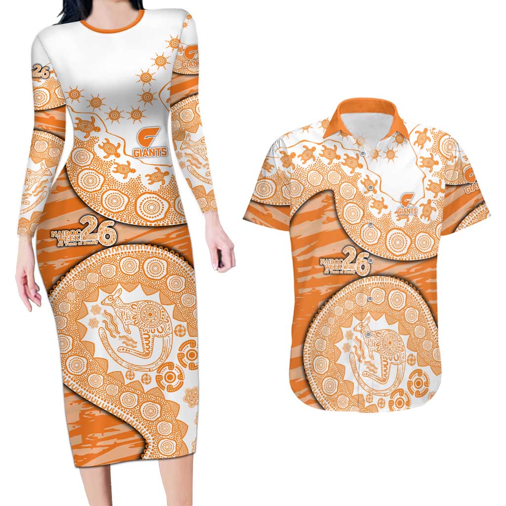GWS Giants NAIDOC Week 2026 Couples Matching Long Sleeve Bodycon Dress and Hawaiian Shirt Australian Aboriginal Dot Art Dreamtime Pattern Style