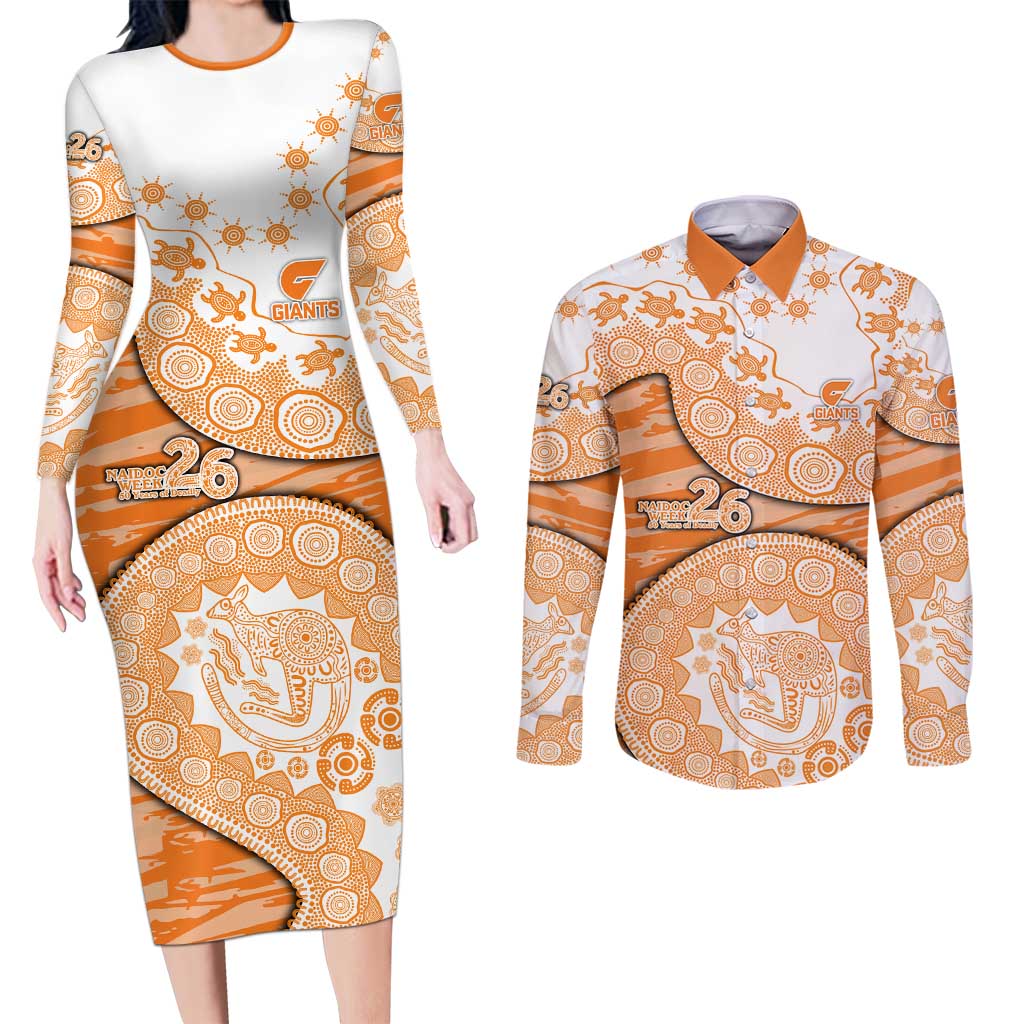 GWS Giants NAIDOC Week 2026 Couples Matching Long Sleeve Bodycon Dress and Long Sleeve Button Shirt Australian Aboriginal Dot Art Dreamtime Pattern Style