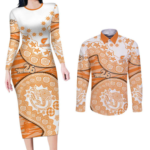 GWS Giants NAIDOC Week 2026 Couples Matching Long Sleeve Bodycon Dress and Long Sleeve Button Shirt Australian Aboriginal Dot Art Dreamtime Pattern Style