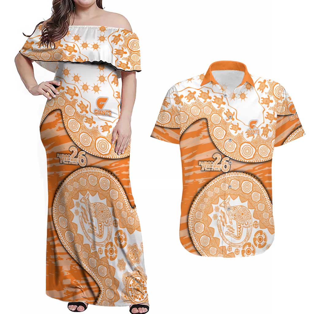GWS Giants NAIDOC Week 2026 Couples Matching Off Shoulder Maxi Dress and Hawaiian Shirt Australian Aboriginal Dot Art Dreamtime Pattern Style