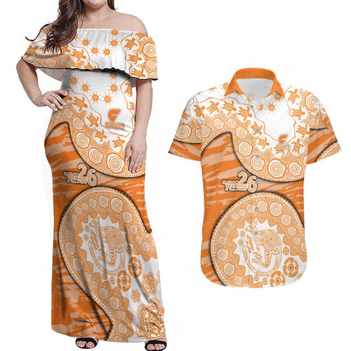 GWS Giants NAIDOC Week 2026 Couples Matching Off Shoulder Maxi Dress and Hawaiian Shirt Australian Aboriginal Dot Art Dreamtime Pattern Style