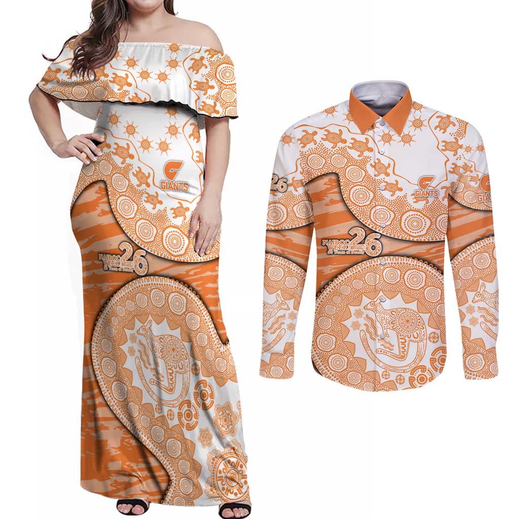 GWS Giants NAIDOC Week 2026 Couples Matching Off Shoulder Maxi Dress and Long Sleeve Button Shirt Australian Aboriginal Dot Art Dreamtime Pattern Style