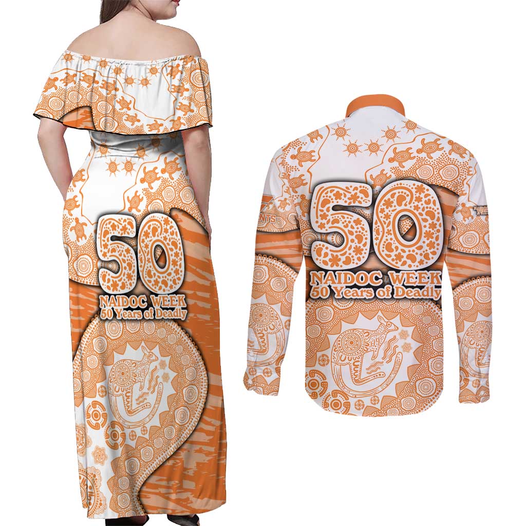 GWS Giants NAIDOC Week 2026 Couples Matching Off Shoulder Maxi Dress and Long Sleeve Button Shirt Australian Aboriginal Dot Art Dreamtime Pattern Style
