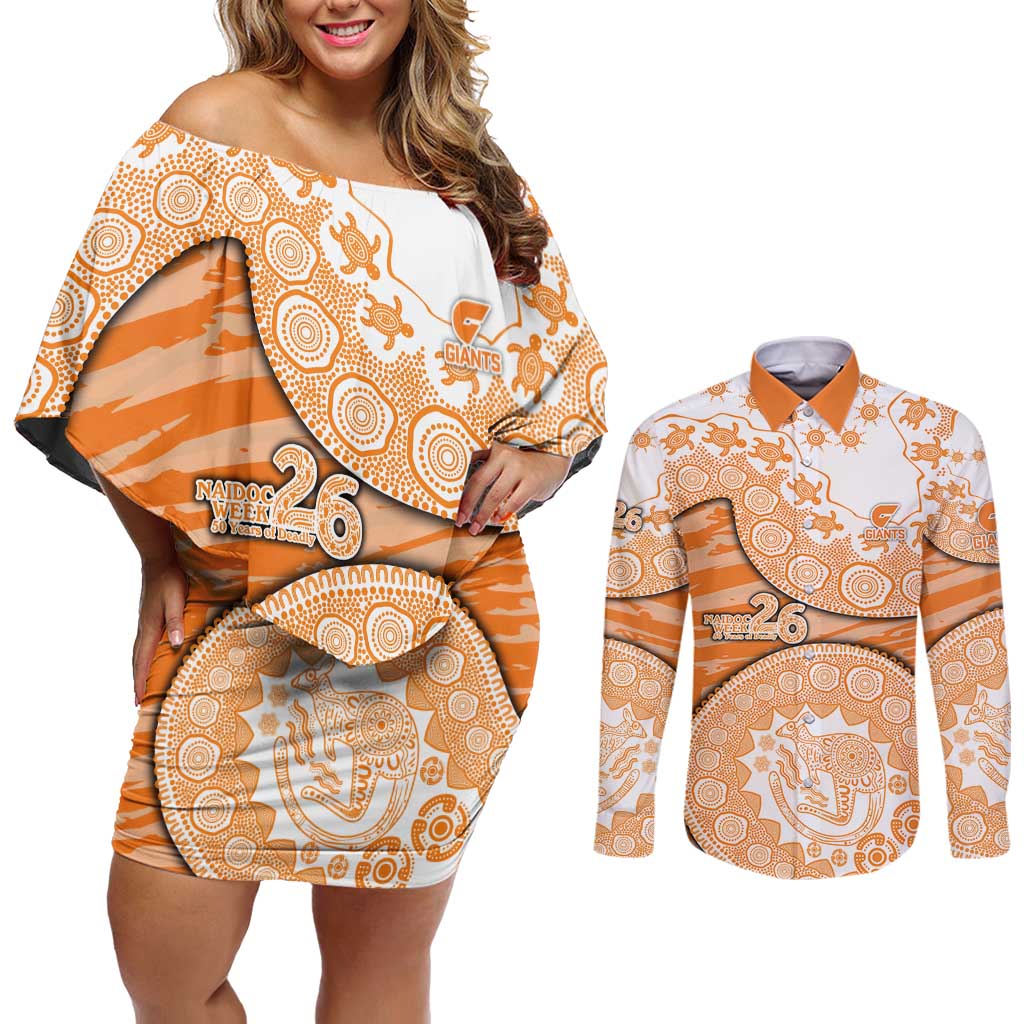 GWS Giants NAIDOC Week 2026 Couples Matching Off Shoulder Short Dress and Long Sleeve Button Shirt Australian Aboriginal Dot Art Dreamtime Pattern Style