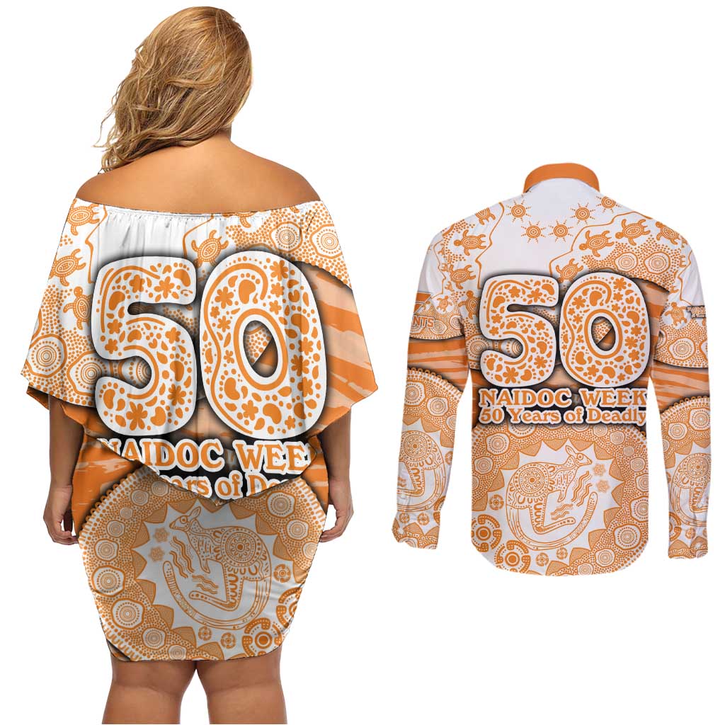 GWS Giants NAIDOC Week 2026 Couples Matching Off Shoulder Short Dress and Long Sleeve Button Shirt Australian Aboriginal Dot Art Dreamtime Pattern Style