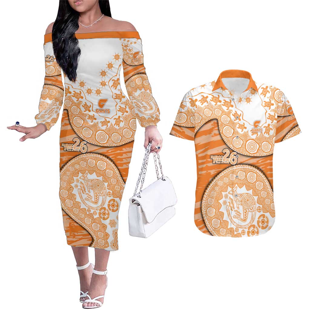 GWS Giants NAIDOC Week 2026 Couples Matching Off The Shoulder Long Sleeve Dress and Hawaiian Shirt Australian Aboriginal Dot Art Dreamtime Pattern Style