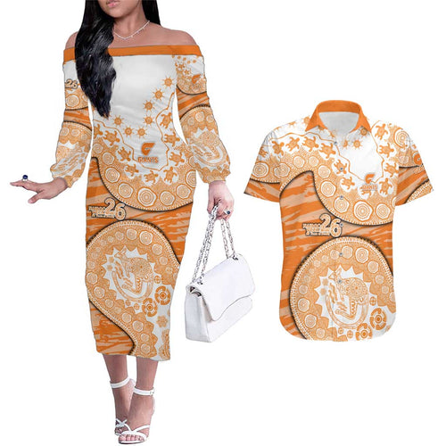 GWS Giants NAIDOC Week 2026 Couples Matching Off The Shoulder Long Sleeve Dress and Hawaiian Shirt Australian Aboriginal Dot Art Dreamtime Pattern Style