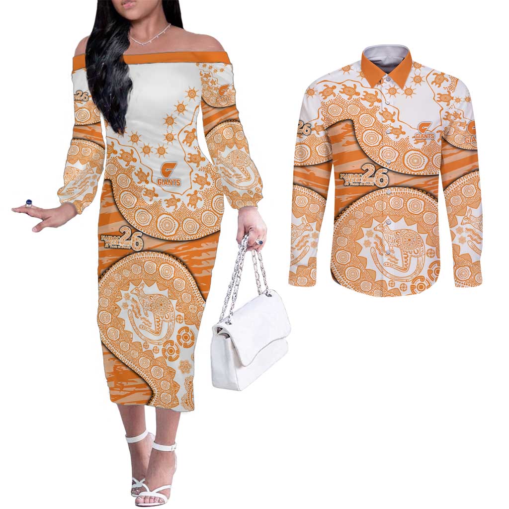 GWS Giants NAIDOC Week 2026 Couples Matching Off The Shoulder Long Sleeve Dress and Long Sleeve Button Shirt Australian Aboriginal Dot Art Dreamtime Pattern Style