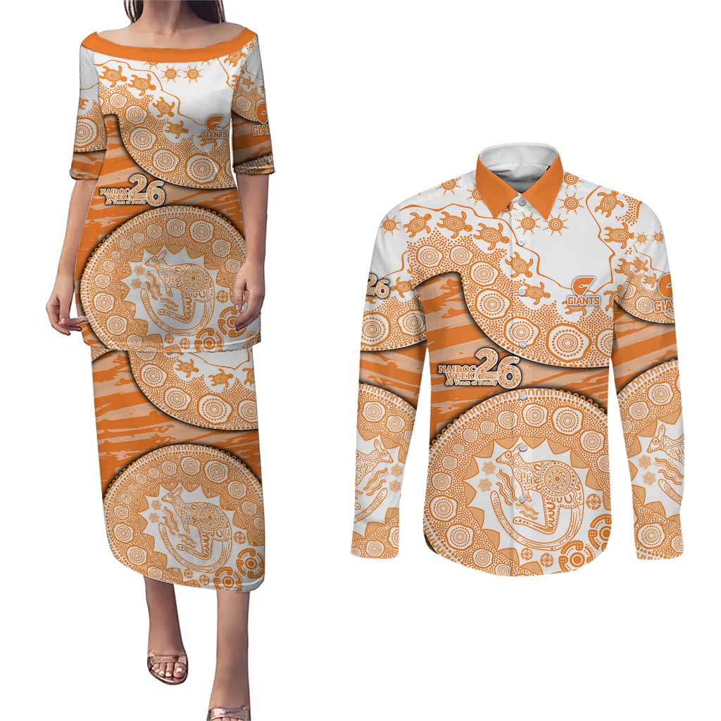 GWS Giants NAIDOC Week 2026 Couples Matching Puletasi and Long Sleeve Button Shirt Australian Aboriginal Dot Art Dreamtime Pattern Style