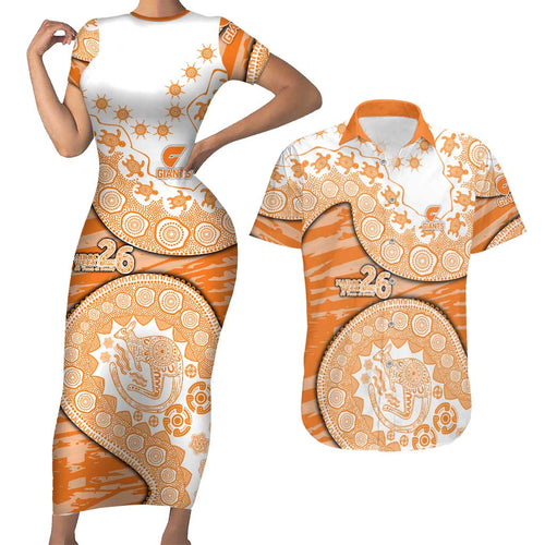GWS Giants NAIDOC Week 2026 Couples Matching Short Sleeve Bodycon Dress and Hawaiian Shirt Australian Aboriginal Dot Art Dreamtime Pattern Style
