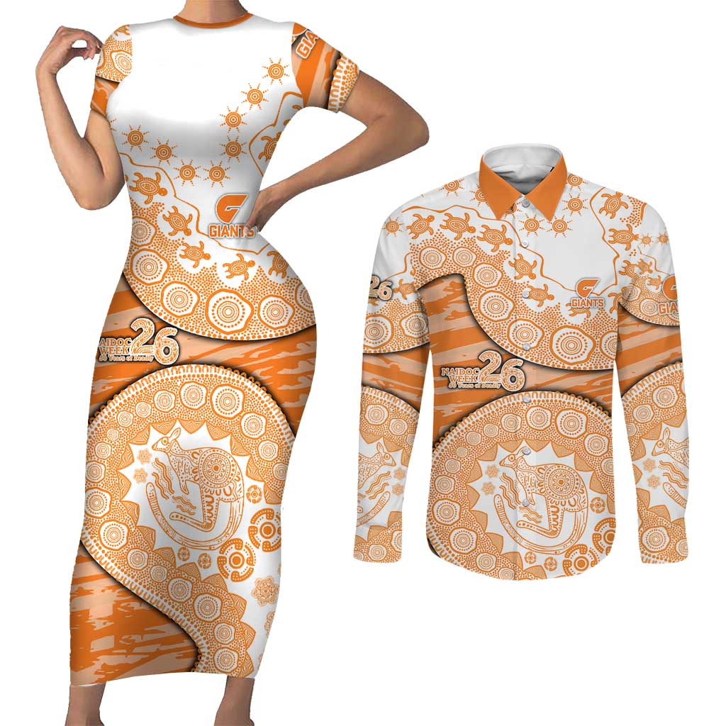 GWS Giants NAIDOC Week 2026 Couples Matching Short Sleeve Bodycon Dress and Long Sleeve Button Shirt Australian Aboriginal Dot Art Dreamtime Pattern Style