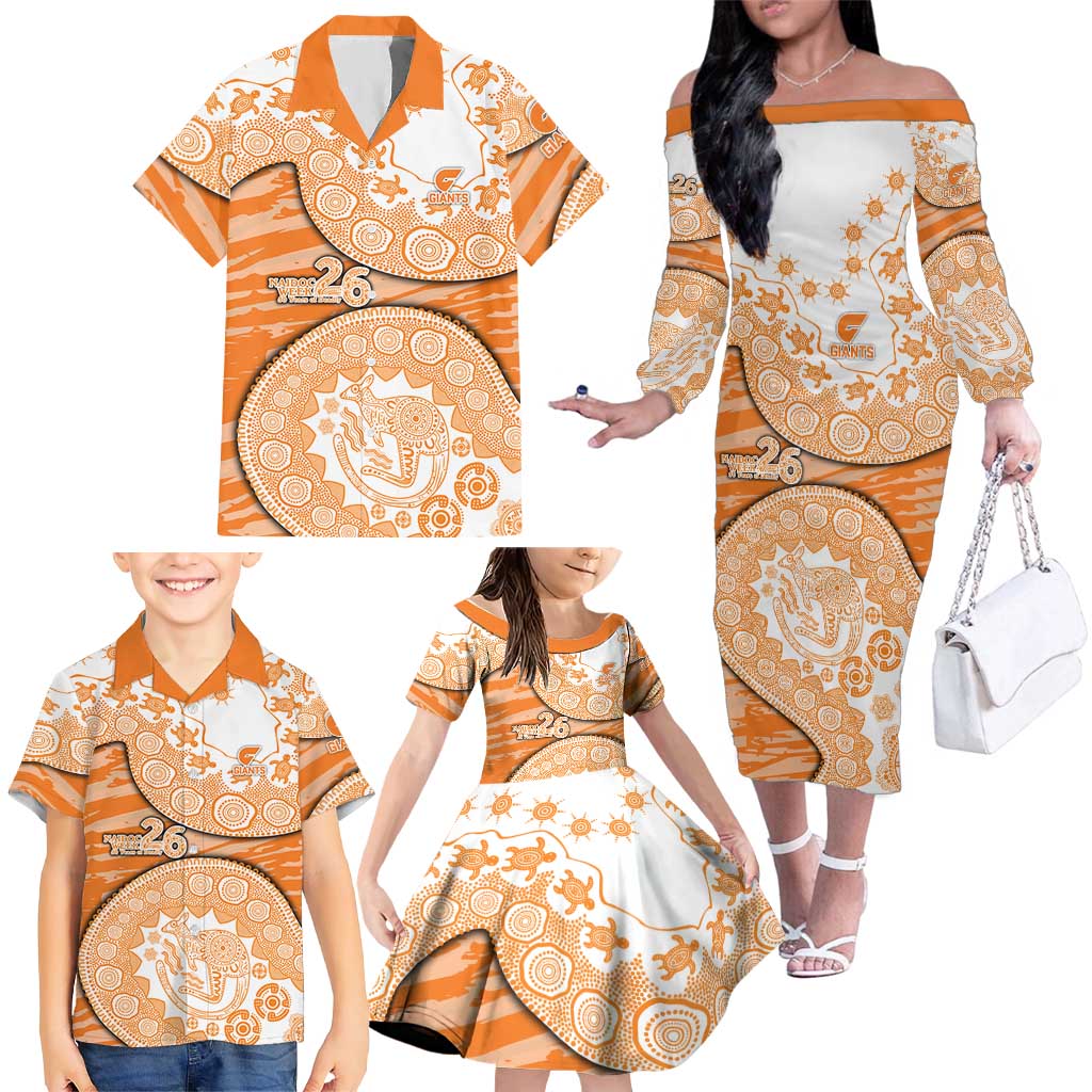GWS Giants NAIDOC Week 2026 Family Matching Off The Shoulder Long Sleeve Dress and Hawaiian Shirt Australian Aboriginal Dot Art Dreamtime Pattern Style