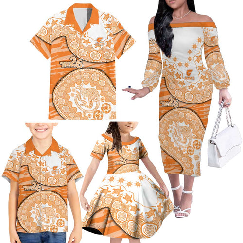 GWS Giants NAIDOC Week 2026 Family Matching Off The Shoulder Long Sleeve Dress and Hawaiian Shirt Australian Aboriginal Dot Art Dreamtime Pattern Style