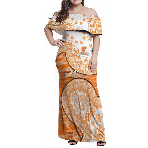 GWS Giants NAIDOC Week 2026 Family Matching Off Shoulder Maxi Dress and Hawaiian Shirt Australian Aboriginal Dot Art Dreamtime Pattern Style