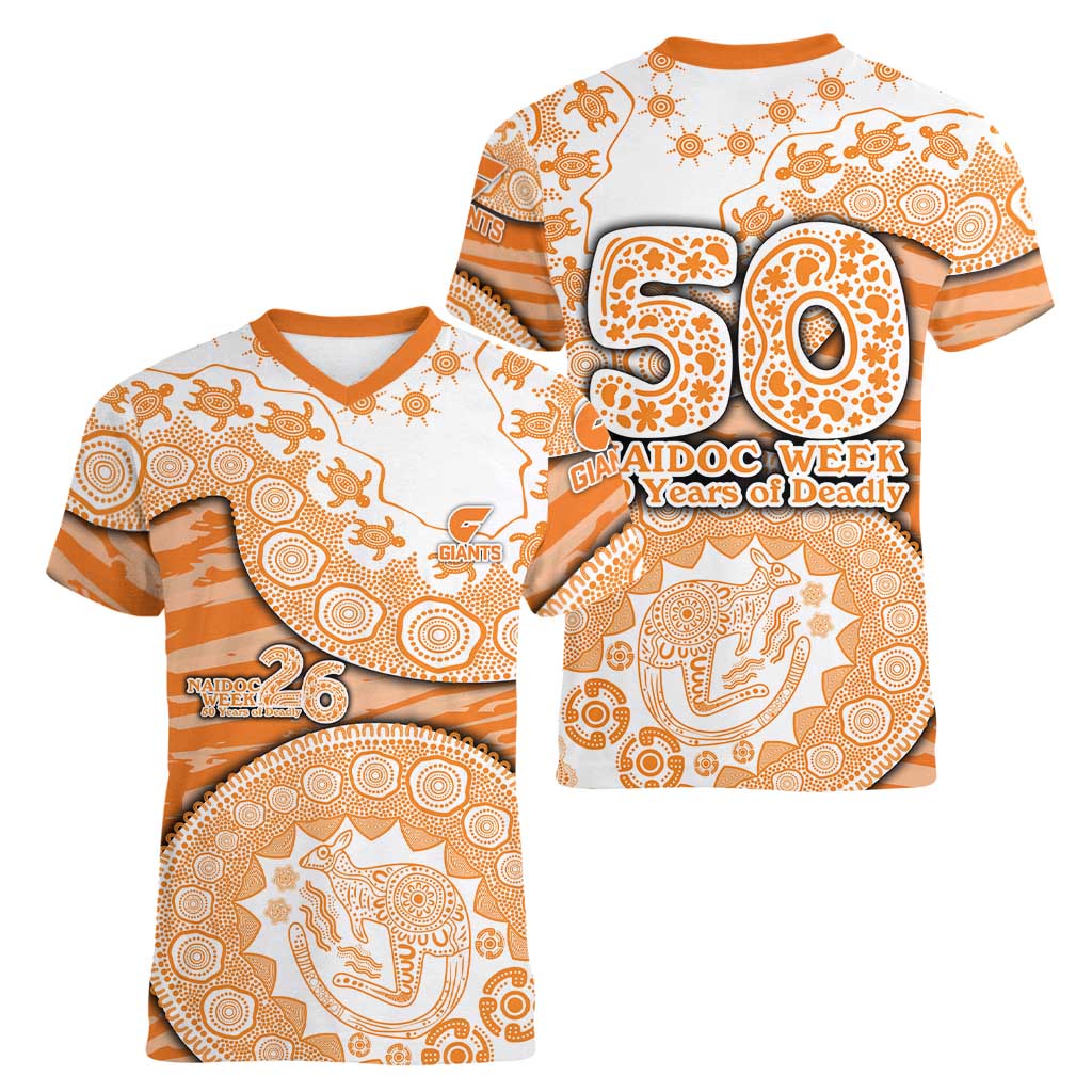 GWS Giants NAIDOC Week 2026 Women V-Neck T-Shirt Australian Aboriginal Dot Art Dreamtime Pattern Style
