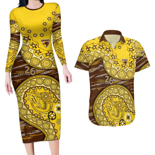 Hawthorn Hawks NAIDOC Week 2026 Couples Matching Long Sleeve Bodycon Dress and Hawaiian Shirt Australian Aboriginal Dot Art Dreamtime Pattern Style