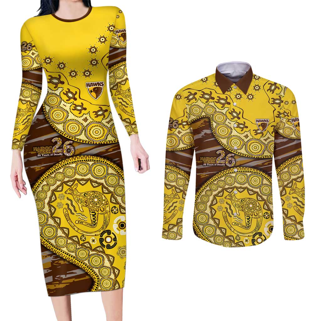 Hawthorn Hawks NAIDOC Week 2026 Couples Matching Long Sleeve Bodycon Dress and Long Sleeve Button Shirt Australian Aboriginal Dot Art Dreamtime Pattern Style