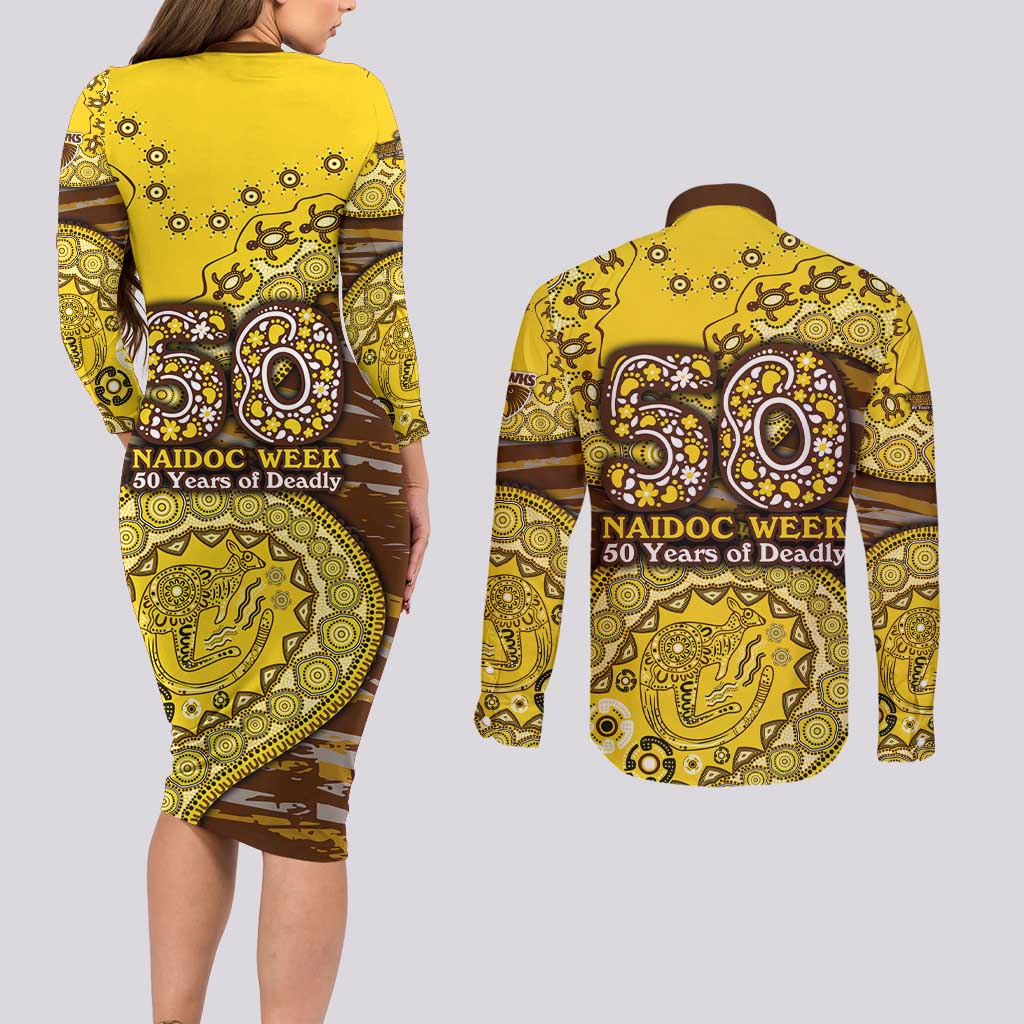 Hawthorn Hawks NAIDOC Week 2026 Couples Matching Long Sleeve Bodycon Dress and Long Sleeve Button Shirt Australian Aboriginal Dot Art Dreamtime Pattern Style