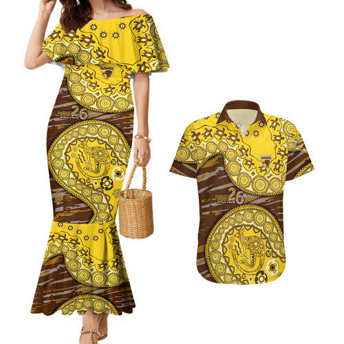 Hawthorn Hawks NAIDOC Week 2026 Couples Matching Mermaid Dress and Hawaiian Shirt Australian Aboriginal Dot Art Dreamtime Pattern Style