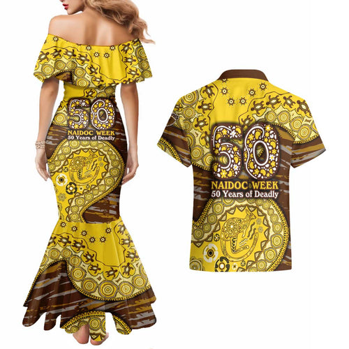 Hawthorn Hawks NAIDOC Week 2026 Couples Matching Mermaid Dress and Hawaiian Shirt Australian Aboriginal Dot Art Dreamtime Pattern Style