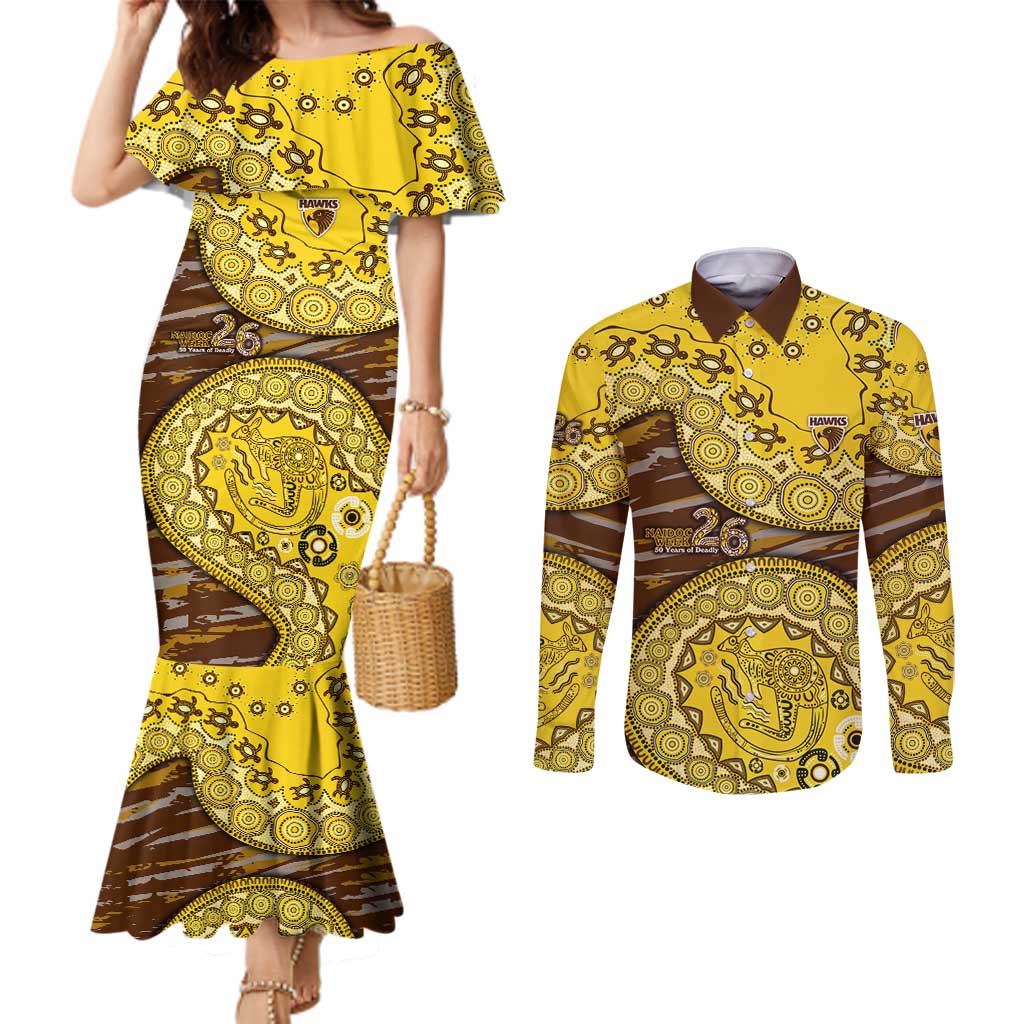Hawthorn Hawks NAIDOC Week 2026 Couples Matching Mermaid Dress and Long Sleeve Button Shirt Australian Aboriginal Dot Art Dreamtime Pattern Style