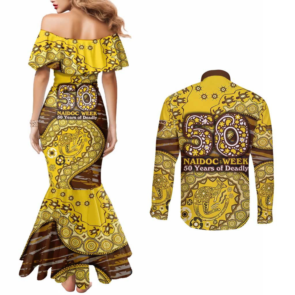 Hawthorn Hawks NAIDOC Week 2026 Couples Matching Mermaid Dress and Long Sleeve Button Shirt Australian Aboriginal Dot Art Dreamtime Pattern Style