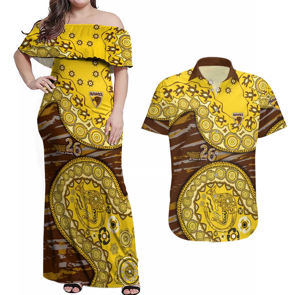 Hawthorn Hawks NAIDOC Week 2026 Couples Matching Off Shoulder Maxi Dress and Hawaiian Shirt Australian Aboriginal Dot Art Dreamtime Pattern Style