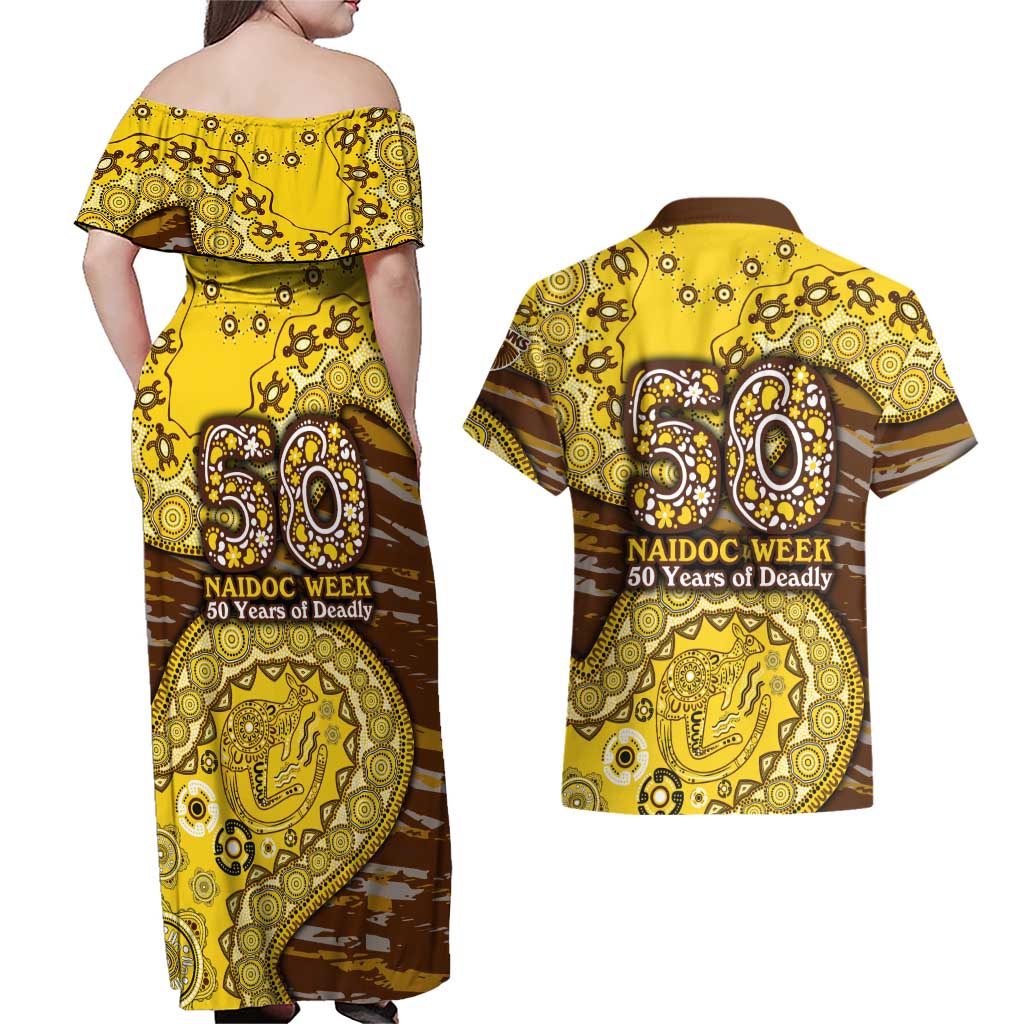 Hawthorn Hawks NAIDOC Week 2026 Couples Matching Off Shoulder Maxi Dress and Hawaiian Shirt Australian Aboriginal Dot Art Dreamtime Pattern Style