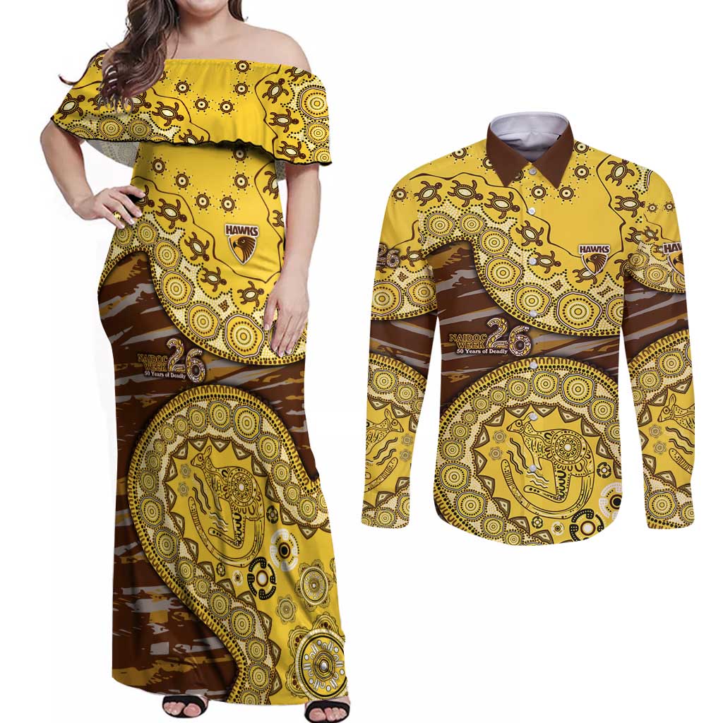 Hawthorn Hawks NAIDOC Week 2026 Couples Matching Off Shoulder Maxi Dress and Long Sleeve Button Shirt Australian Aboriginal Dot Art Dreamtime Pattern Style