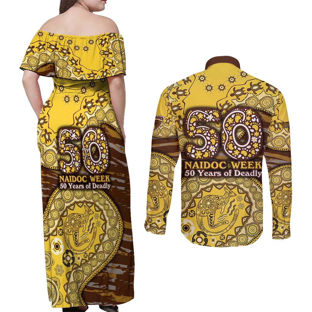 Hawthorn Hawks NAIDOC Week 2026 Couples Matching Off Shoulder Maxi Dress and Long Sleeve Button Shirt Australian Aboriginal Dot Art Dreamtime Pattern Style