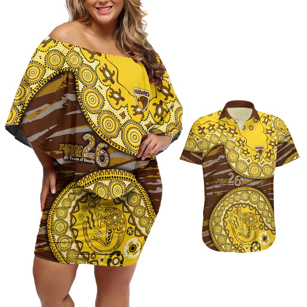 Hawthorn Hawks NAIDOC Week 2026 Couples Matching Off Shoulder Short Dress and Hawaiian Shirt Australian Aboriginal Dot Art Dreamtime Pattern Style